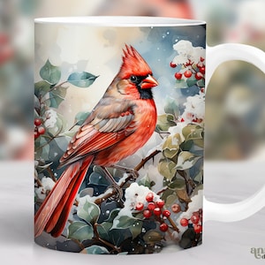 Roter Kardinal Vogel Weihnachten Becher Wrap, Winter Kardinal Becher Sublimation Design, 11 Unzen Kaffeetasse Wrap, 15 Unzen Becher Wrap PNG, Becherpresse Design