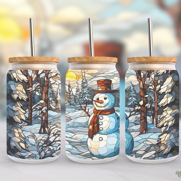 Stained Glass Snowman 16oz Frosted Glass Sublimation Design, Winter Holiday Libbey Cup Wrap PNG, Snow Can Tumbler Image for Iced Coffee Jar