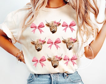 Coquette Highland Cow PNG, Pink Bows Farm Shirt Sublimation Design, Soft Girl Ribbons PNG Digital Download, Girlie Cherry Bow Aesthetic PNG