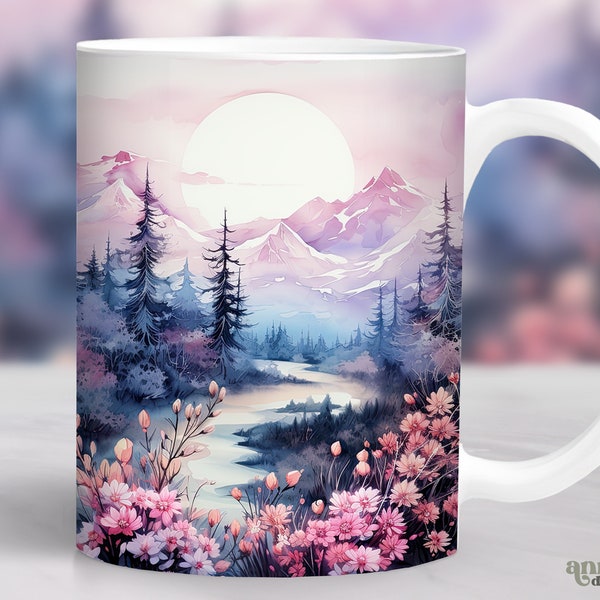 Watercolor Winter Mug Wrap, Floral Mountains Landscape Mug Sublimation Design, Nature 11oz Coffee Cup Wrap, Pink 15oz Mug Wrap PNG