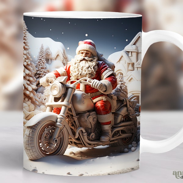 3D Motorrad Santa Becher Wrap, Weihnachten Becher Sublimation Design, Winter 11 Unzen Kaffeetasse Vorlage, Schnee 15 Unzen Becher Wrap PNG, Becher Presse Design