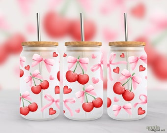 Coquette Cherry Bows 16oz Wrap PNG, Soft Girl Era Frosted Glass Sublimation Design, Aquarel Roze Linten Libbey Cup PNG, Girly Can PNG