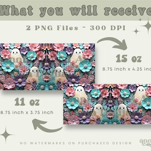 May include: Two digital printable images of a ghost in a field of flowers. The images are available in two sizes: 8.75 inches by 3.75 inches (11 ounces) and 8.75 inches by 4.25 inches (15 ounces).