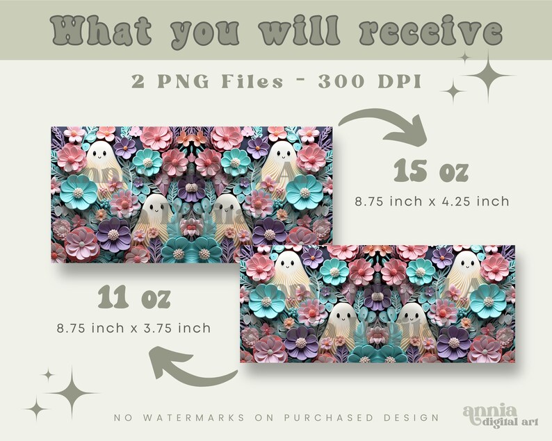 May include: Two digital printable images of a ghost in a field of flowers. The images are available in two sizes: 8.75 inches by 3.75 inches (11 ounces) and 8.75 inches by 4.25 inches (15 ounces).