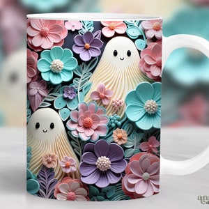 May include: White ceramic mug with a colorful floral design featuring pink, blue, and purple flowers. Two white ghosts with smiling faces are nestled among the flowers.