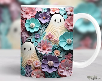 3D Pastello Halloween Mug Wrap, Fantasmi e Fiori Mug Sublimation Design, 11oz Coffee Cup Template, 15 oz Mug Wrap PNG, Mug Press Design