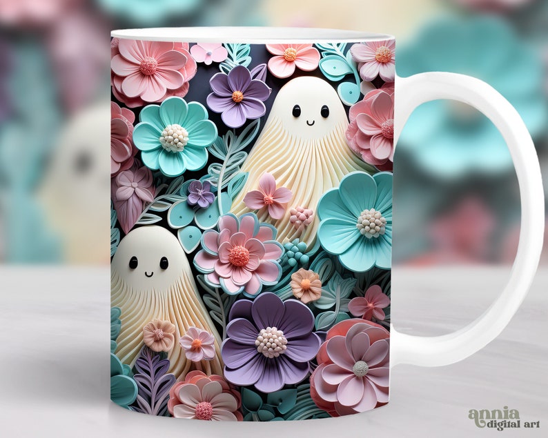 May include: White ceramic mug with a colorful floral design featuring pink, blue, and purple flowers. Two white ghosts with smiling faces are nestled among the flowers.