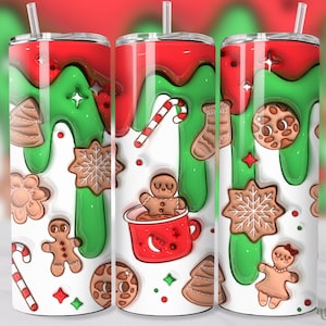 3D Christmas Cookies Tumbler Wrap Inflated, Gingerbread 20oz Skinny Tumbler Sublimation Design, Puffy Bubble Straight & Tapered Tumbler PNG