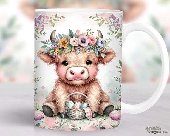 Highland Cow Easter Mug Wrap, Spring Flowers Mug Sublimation Design, Egg Basket 11oz Cup Template, 15 oz Mug Wrap PNG, Cute Cow Mug Design