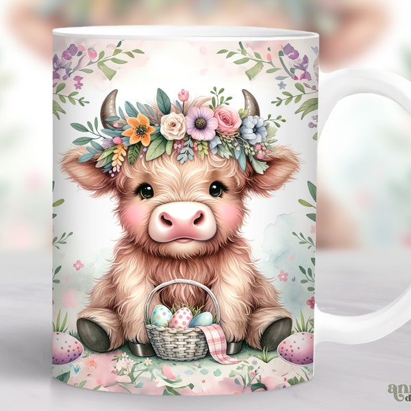 Highland Cow Easter Mug Wrap, Spring Flowers Mug Sublimation Design, Egg Basket 11oz Cup Template, 15 oz Mug Wrap PNG, Cute Cow Mug Design