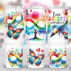 May include: Three stainless steel tumblers with colorful designs. The first tumbler features a rainbow infinity symbol with daisies and a butterfly. The second tumbler has a rainbow tree with a heart and infinity symbol. The third tumbler has a rainbow pencil with the words "love accept understand" and a butterfly.