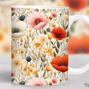 Wildflowers Mug Wrap, Cottagecore Floral Mug Sublimation Design, Wild Flower 11oz Coffee Cup Template, 15 oz Mug Wrap PNG, Mug Press Design