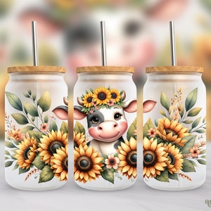 Sunflowers Cow 16oz Wrap PNG, Summer Flowers Frosted Glass Sublimation Design, Rustic Watercolor Floral Libbey Cup PNG, Farm Cute Animal PNG