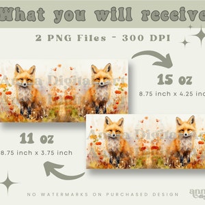 May include: Two digital art prints of a red fox standing in a field of wildflowers. The prints are available in two sizes: 11 oz (8.75 inches by 3.75 inches) and 15 oz (8.75 inches by 4.25 inches).