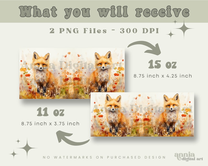 May include: Two digital art prints of a red fox standing in a field of wildflowers. The prints are available in two sizes: 11 oz (8.75 inches by 3.75 inches) and 15 oz (8.75 inches by 4.25 inches).