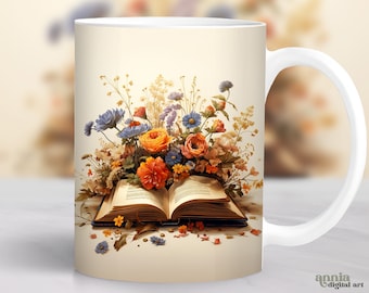 Watercolor Book Mug Wrap, Book and Flowers Sublimation Design, 11oz Coffee Cup Template, Floral 15 oz Mug Wrap PNG, Reading Mug Press Design