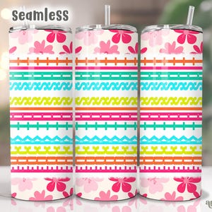 May include: Three seamless floral and geometric patterned tumblers with straws. The design features pink flowers, and horizontal stripes in orange, green, turquoise, yellow, pink, and white. The word "seamless" is at the top.