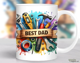 Mejor envoltura de taza de papá, Herramientas Diseño de sublimación de taza del día del padre, Taza de café de acuarela de 11 oz Png para hombres, Envoltura de taza masculina de 15 oz PNG