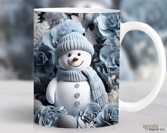 Envoltório de caneca de boneco de neve 3D, design de sublimação de caneca de Natal, envoltório de xícara de café de 11 onças para férias de inverno, envoltório de caneca de 15 onças PNG, designs de prensa de caneca