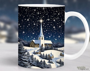Weihnachtsdorf Becher Wrap, Winter Nacht Becher Sublimation Design, Urlaub 11 Unzen Kaffeetasse Wrap, 15 Unzen Becher Wrap PNG, Christian Becher Design