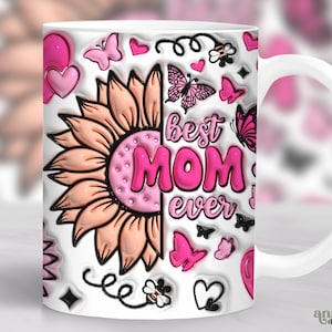 3D Sunflower Mom Mug Wrap Inflated, Mother's Day Sublimation Design, Puffy Floral Mama 11oz Coffee Cup Png, Mommy 15 oz Mug Wrap PNG