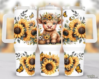 Sunflowers Highland Cow 40oz Tumbler Wrap, Summer Flower 40oz Quencher Tumbler Sublimation Design, Watercolor Floral Cute Animal Tumbler PNG