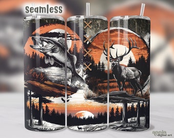 Könnte beinhalten: Nahtloses Sublimationsdesign für einen Becher mit einem Fisch, der aus dem Wasser springt, einem Hirsch im Wald und einem Sonnenuntergang vor einem Holzhintergrund.