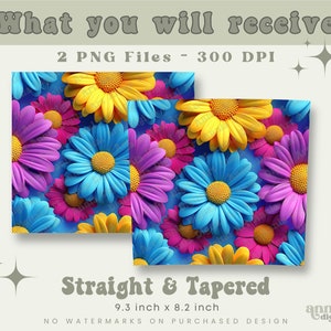 Puede incluir: Dos archivos digitales de un patr&oacute;n sin costuras con margaritas de color azul brillante, amarillo y rosa sobre un fondo azul claro. El patr&oacute;n mide 23,6 cm por 20,8 cm y tiene una resoluci&oacute;n de 300 DPI.