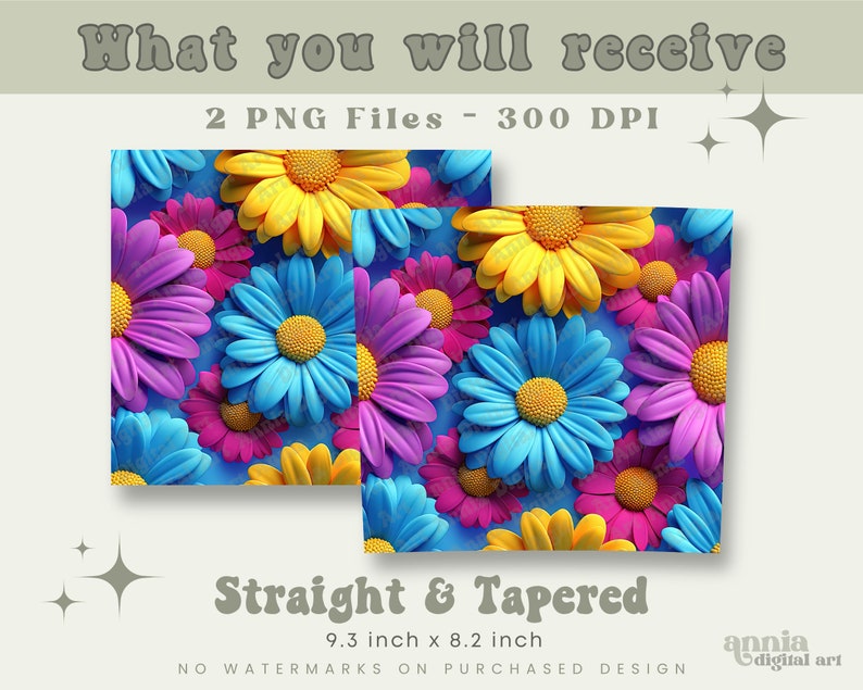Puede incluir: Dos archivos digitales de un patr&oacute;n sin costuras con margaritas de color azul brillante, amarillo y rosa sobre un fondo azul claro. El patr&oacute;n mide 23,6 cm por 20,8 cm y tiene una resoluci&oacute;n de 300 DPI.