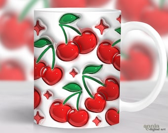 3D Inflated Cherries Mug Wrap, Cherry Mug Sublimation Design, Puffy Spring Fruit 11oz Coffee Cup Png, Summer 15 oz Mug Wrap PNG
