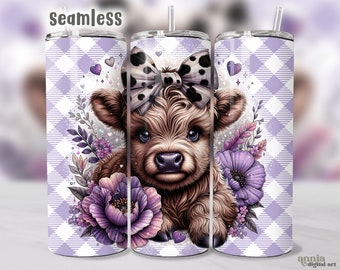 Baby Highland Cow Tumbler Wrap, Purple Plaid Floral 20oz Tumbler Sublimation Design, Coquette Dalmatian Bow Cute Farm Animal Tumbler PNG