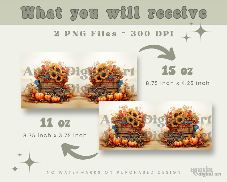 May include: Two digital printable images of a fall-themed wagon filled with sunflowers, pumpkins, and fall leaves. The wagon is on a brown background. The images are available in two sizes: 11 oz (8.75 inches by 3.75 inches) and 15 oz (8.75 inches by 4.25 inches).