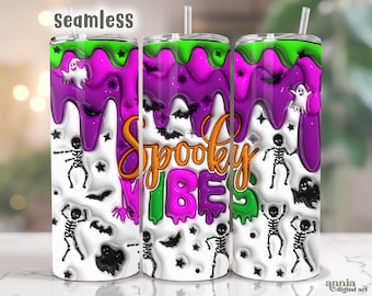 3D Spooky Vibes Inflated Tumbler Wrap Png, 3D Halloween Puffy 20oz Skinny Tumbler Sublimation Design, Skeletons Ghosts Straight Tumbler PNG