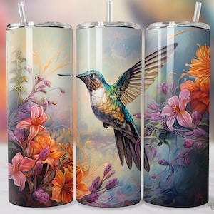 Watercolor Hummingbird Tumbler Wrap, Colorful Humming Bird 20oz Skinny Tumbler Sublimation Design, Floral Straight & Tapered Tumbler PNG