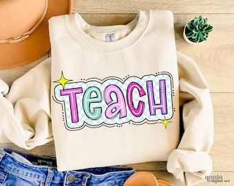 Checkered Teach PNG, Teacher Shirt Sublimation Design, Bright Doodle Teaching Png, Colorful Teacher Appreciation PNG, Retro Teacher PNG