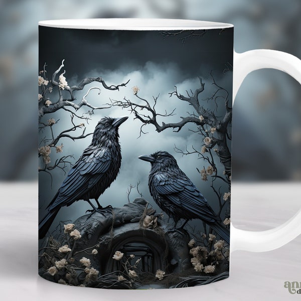 Crows Halloween Mug Wrap, Gothic Black Ravens Mug Sublimation Design, 11oz Coffee Cup Template, 15 oz Mug Wrap PNG, Goth Mug Press Design