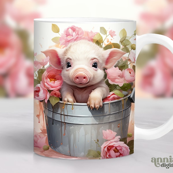 Watercolor Baby Pig Mug Sublimation Design, Floral Cute Animals 11oz Coffee Cup Template, 15 oz Mug Wrap PNG, Pig Mug Press Designs