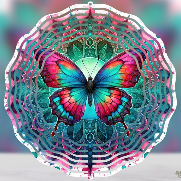 Vibrant Butterfly Wind Spinner Sublimation Design, Teal Blue Mandala 10 inch Garden Hanging Spinner PNG File, Watercolor Round Spinner PNG