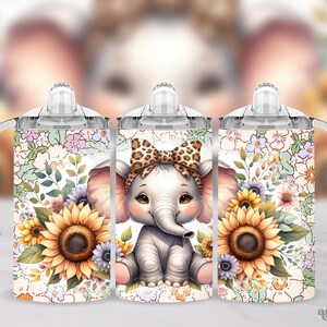 May include: Three clear plastic tumblers with a white background and a floral design. The design features a gray elephant with a leopard print bow, sunflowers, and other flowers.
