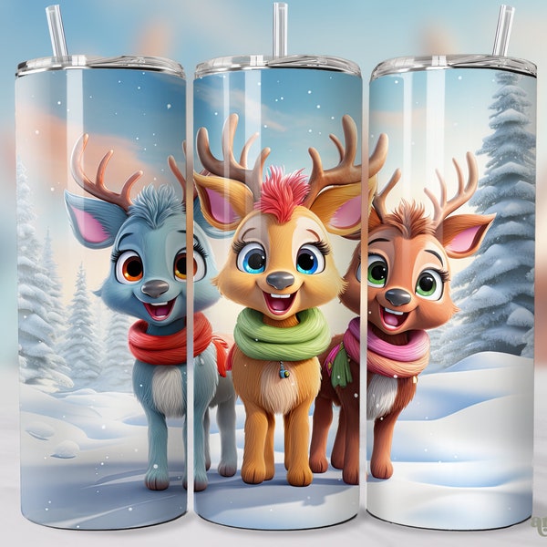 Baby Reindeers Tumbler Wrap for Kids, Cartoon Winter 20oz Skinny Tumbler Sublimation Design Christmas Straight & Tapered Tumbler PNG Animals