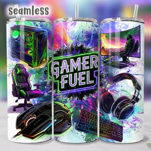 May include: A colorful sublimation design for a tumbler featuring a gamer chair, a computer, a mouse, a keyboard, headphones, and the text "Gamer Fuel".