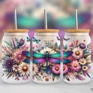 Libélula 16oz Wrap PNG, Flores de verano Diseño de sublimación de vidrio esmerilado, Acuarela de primavera Floral Libbey Cup PNG, Vidrio púrpura puede envolver PNG