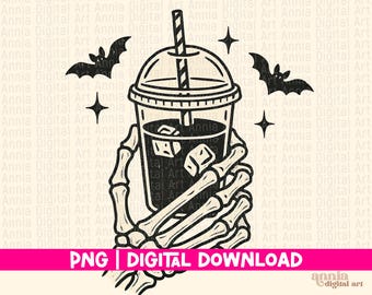 Iced Coffee Skeleton Png, Halloween Coffee Sublimation Design, Summer Skeleton Png, Goth Skeleton Hand Png, Retro Spooky Summer Png
