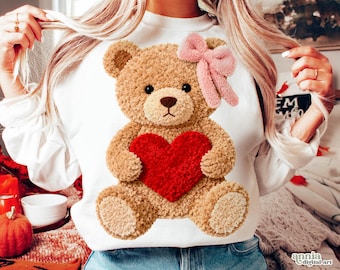 Faux Yarn Valentine's Day Teddy Bear Png, Coquette Valentines Png Heart Design