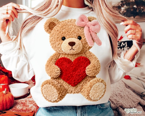 Faux Yarn Valentine's Day Teddy Bear Png, Coquette Valentines Png Heart Design