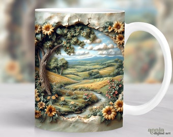 May include: White ceramic mug with a 3D image of a landscape scene. The scene features a winding path through a field with a tree, flowers, and a mountain range in the background. The image is framed by a cracked stone wall with sunflowers.