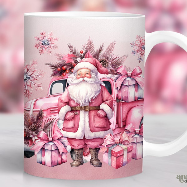 Pink Christmas Mug Wrap, Watercolor Santa Mug Sublimation Design, Winter Holiday 11oz Coffee Cup Wrap, 15 oz Mug Wrap PNG, Mug Press Design