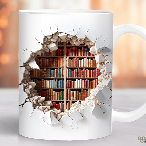 3D Book Mug Wrap, 3D Bookshelf Mug Sublimation Design, 11oz and 15oz Coffee Cup PNG, Book Lover Mug Wrap, Secret Library Booktok Sublimation