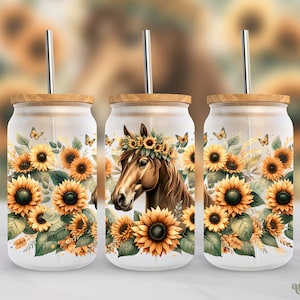 Sunflowers Horse 16oz Wrap PNG, Summer Flowers Frosted Glass Sublimation Design, Watercolor Floral Libbey Cup PNG, Cute Animal PNG