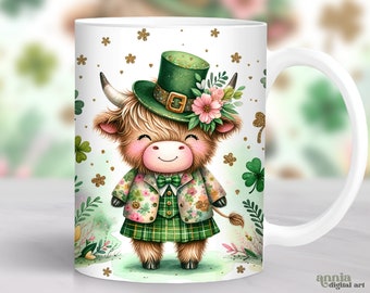 Highland Cow St Patricks Day Mug Wrap, Mug Sublimation Design, Irish 11oz Cup Png, Shamrock 15 oz Mug PNG, Cow Mug Design